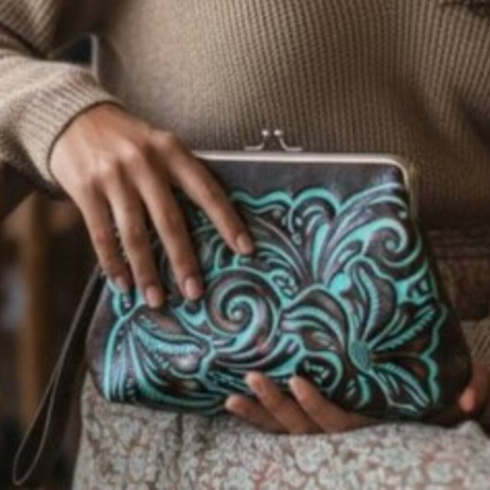 Patricia Nash Savena Brown Turquoise Embossed Tooled Clutch Wristlet